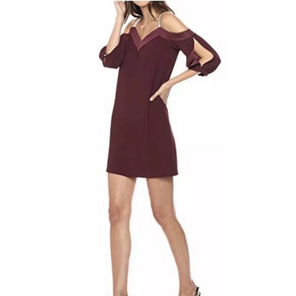 Trina‎ Turk Dress Size 4 Burgundy Cold Shoulder Rhinestone Strap Shift Mini